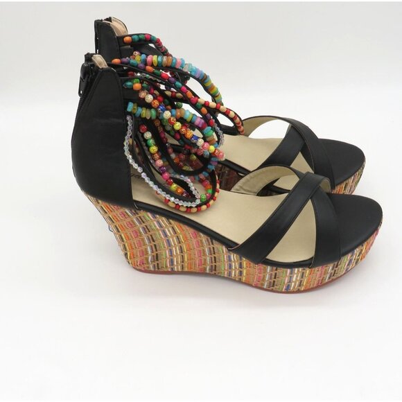 Get More Beauty Women's Black Wedge Sandals Multicolor Beaded Straps 10 NEW - Picture 1 of 7
